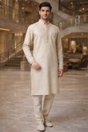 Mens Beige Linen Kurta Pajama 2pc Jute Patch Detail Ethnic Outfit