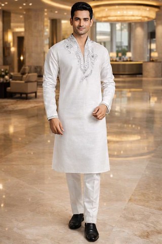 Mens White Linen Kurta Pajama 2pc Heavy Embroidered Wedding Outfit