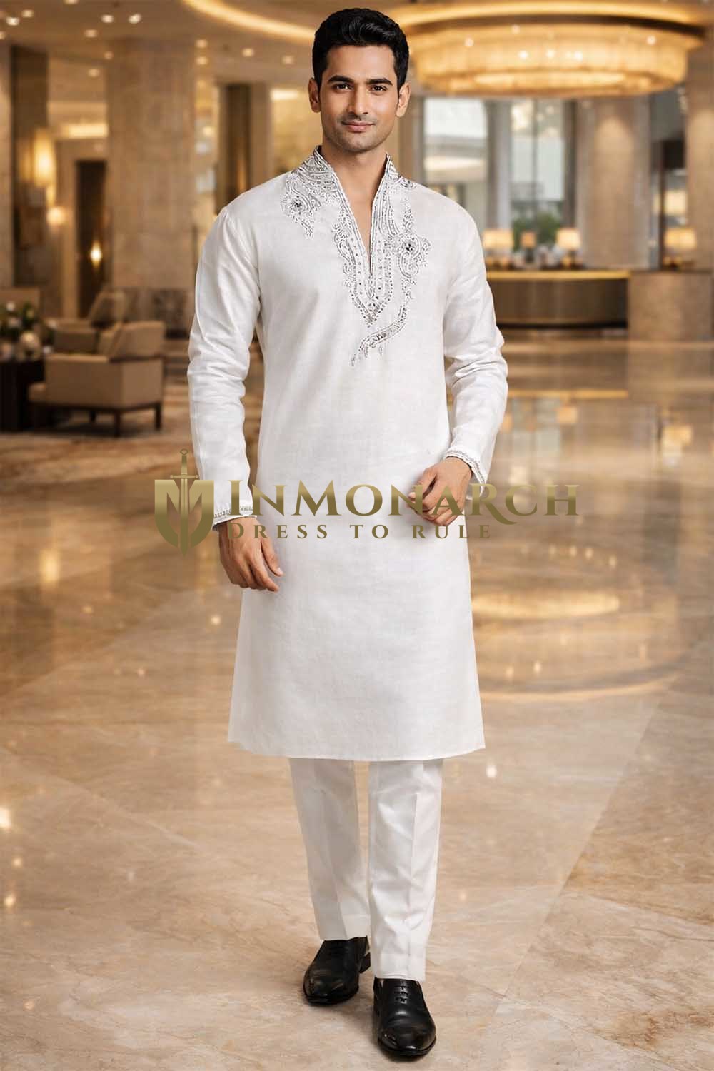 Mens White Linen Kurta Pajama 2pc Heavy Embroidered Wedding Outfit