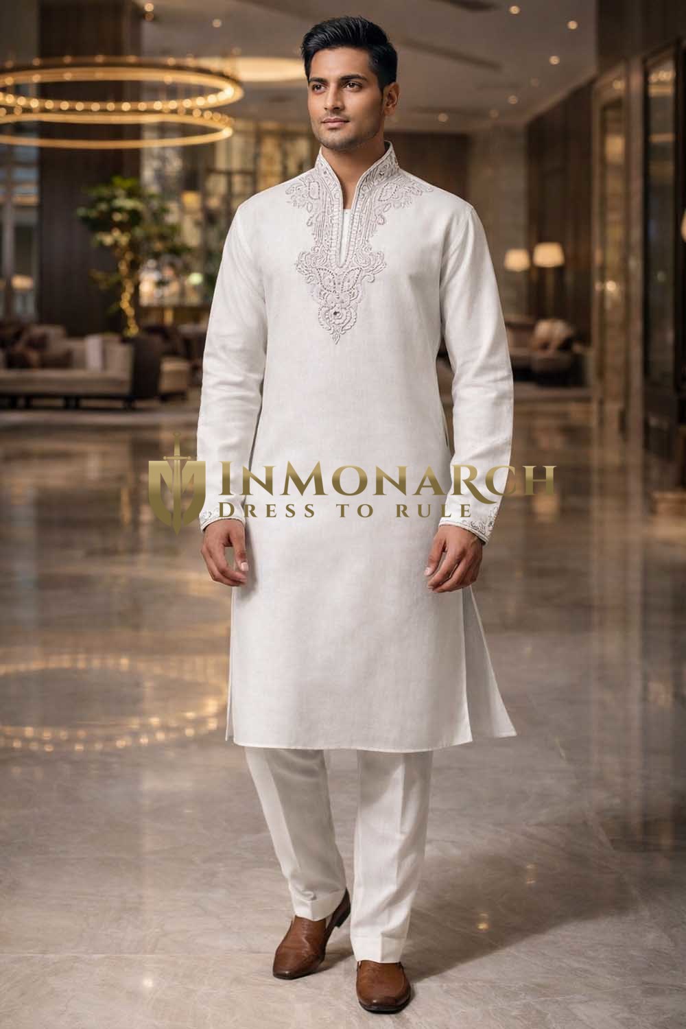 Mens White Linen Kurta Pajama 2pc Heavy Embroidered Ethnic Wear