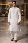 Mens White Linen Kurta Pajama 2pc Heavy Embroidered Ethnic Wear