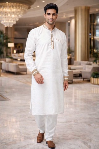 Mens White Linen Kurta Pajama 2pc Jute Trim Nehru Collar Ethnic Wear