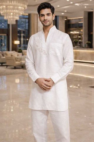 Mens White Linen Tunic 2pc V Collar Patch Detail Partywear Outfit