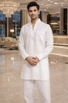 Mens White Linen Tunic 2pc V Collar Patch Detail Partywear Outfit