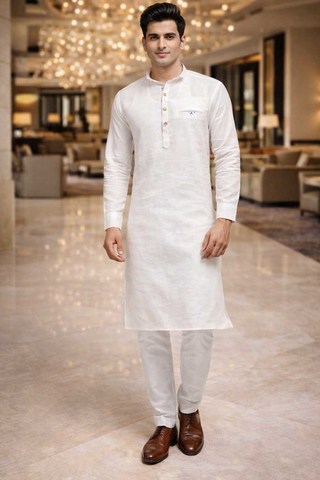Mens White Linen Kurta Pajama 2pc 3 Button Detail Ethnic Partywear Set
