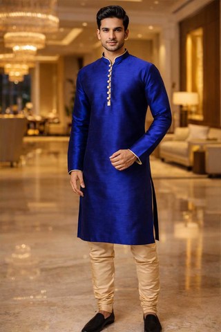 Mens Royal Blue Dupion Silk Kurta Pajama 2pc Wedding Partywear Set