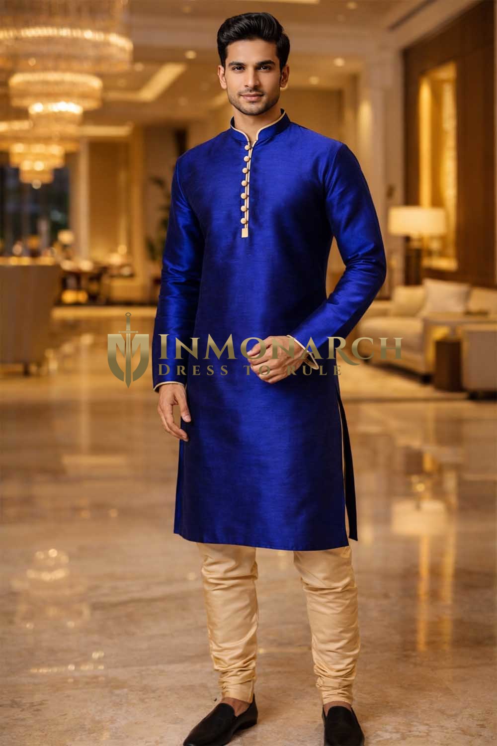 Mens Royal Blue Dupion Silk Kurta Pajama 2pc Wedding Partywear Set