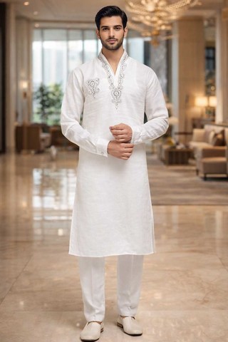 Mens White Linen Kurta Pajama 2pc Silver Embroidered Partywear Set