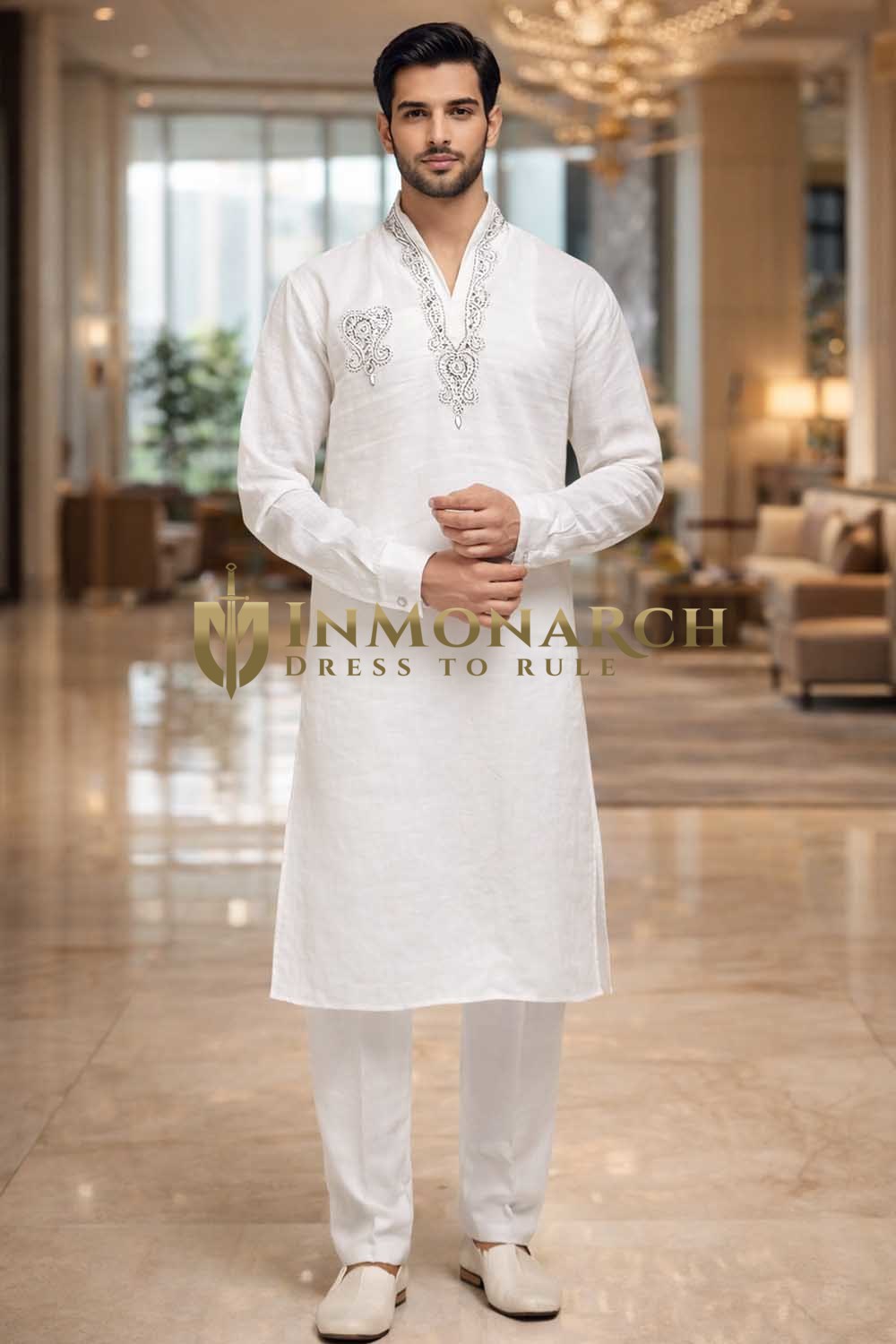 Mens White Linen Kurta Pajama 2pc Silver Embroidered Partywear Set