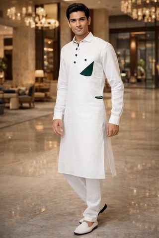 Mens White Linen Kurta Pajama 2pc Green Patch Detail Ethnic Wear Set