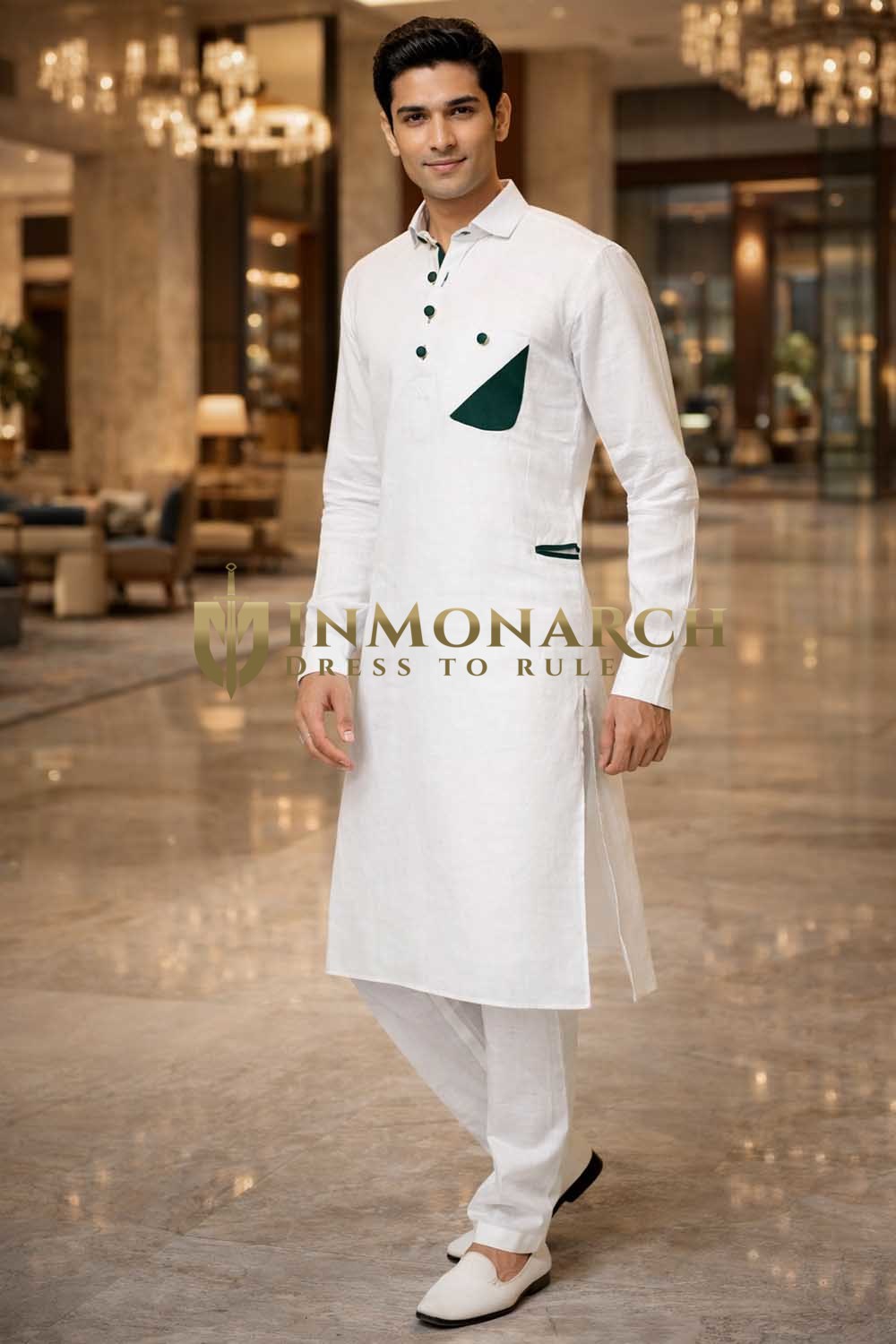 Mens White Linen Kurta Pajama 2pc Green Patch Detail Ethnic Wear Set