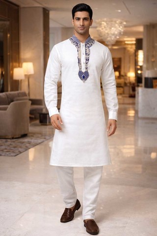 Mens White Linen Kurta Pajama 2pc Blue Velvet Embroidered Festive Set