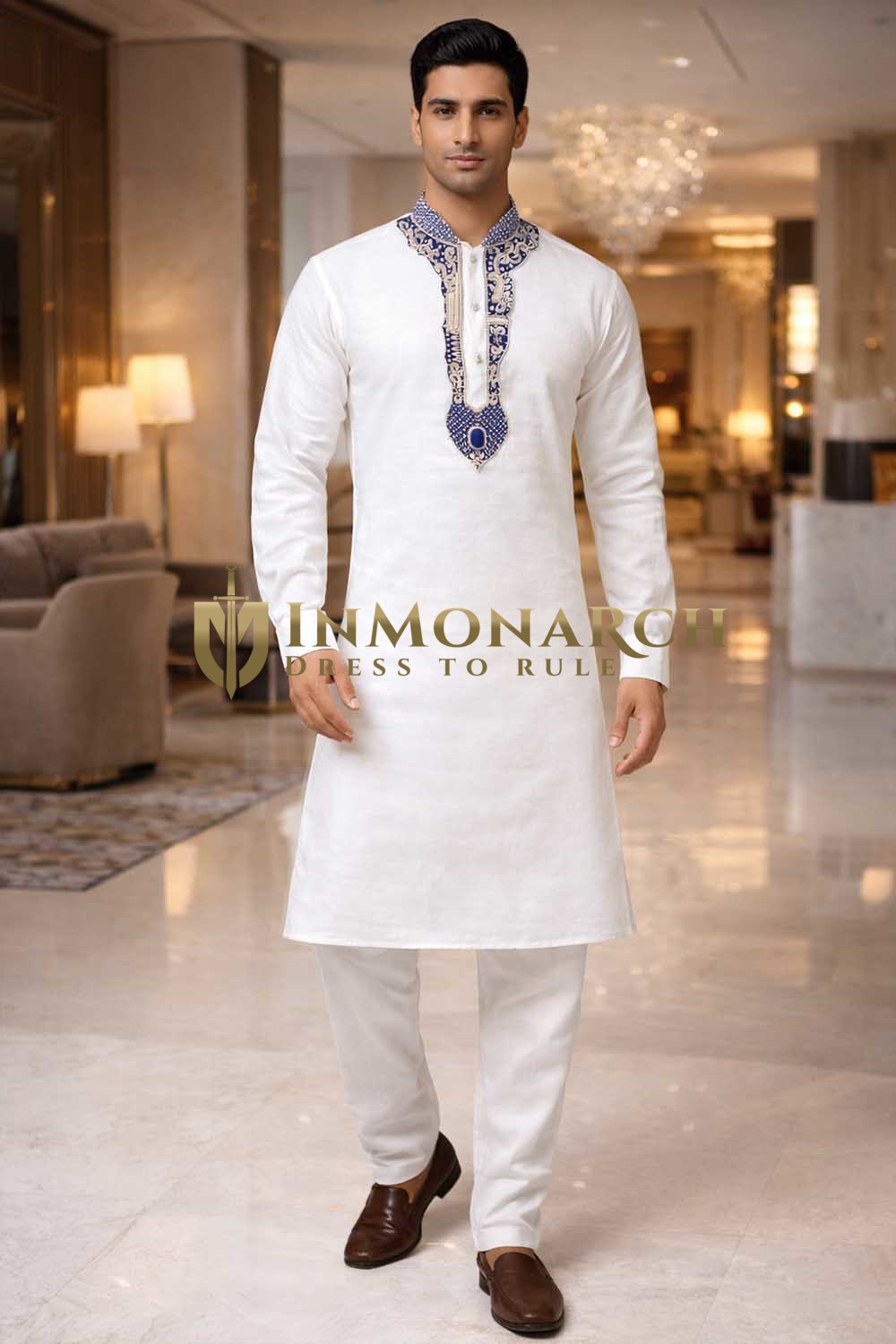 Mens White Linen Kurta Pajama 2pc Blue Velvet Embroidered Festive Set