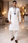 Mens White Linen Kurta Pajama 2pc Blue Velvet Embroidered Festive Set