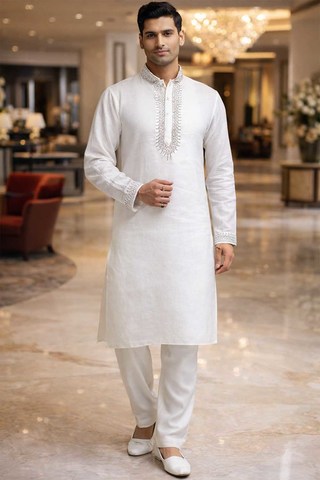 Mens White Linen Kurta Pajama 2pc Silver Embroidered Designer Set