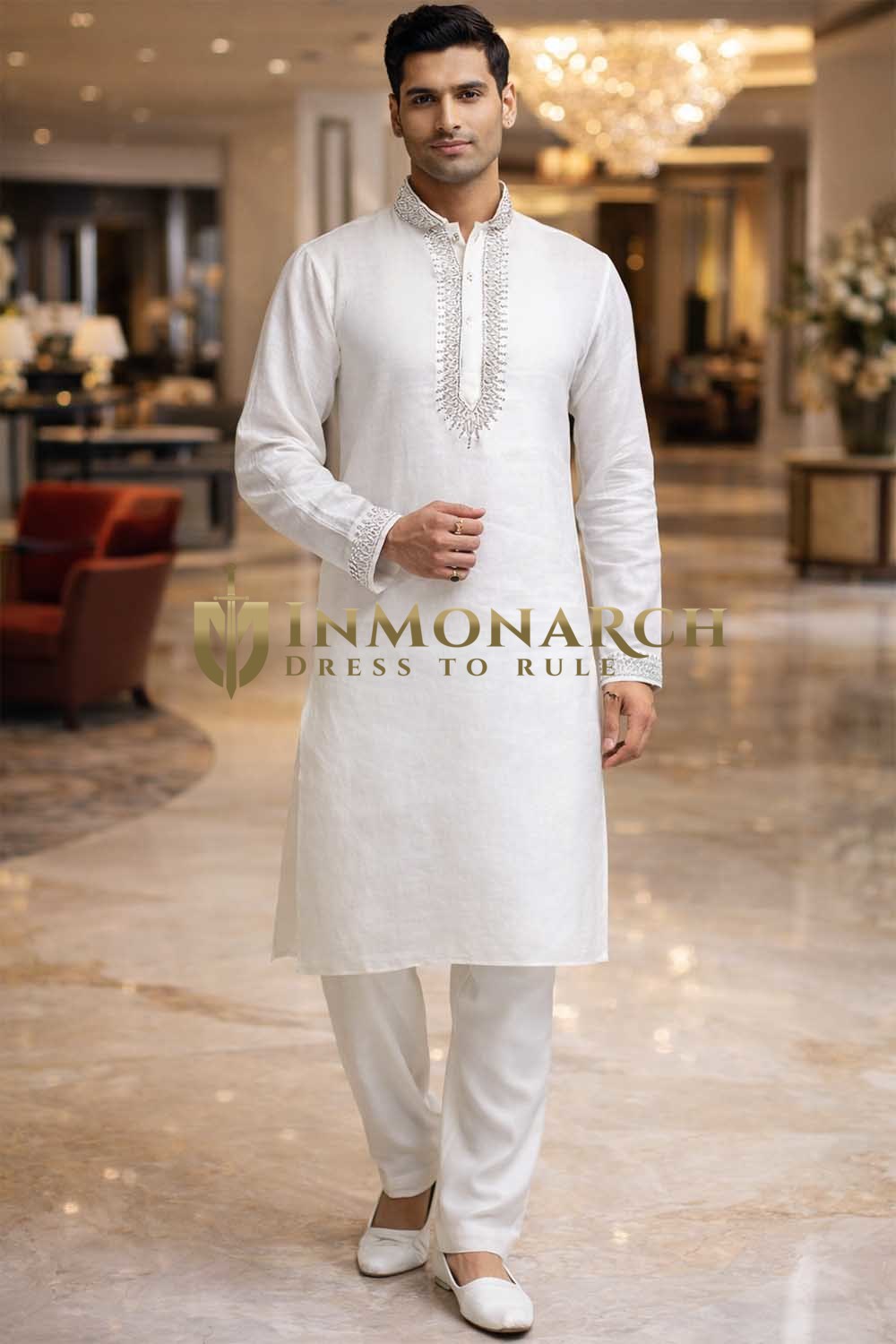 Mens White Linen Kurta Pajama 2pc Silver Embroidered Designer Set