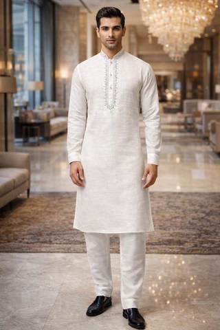 Mens White Linen Kurta Pajama 2pc Mandarin Collar Embroidered Set