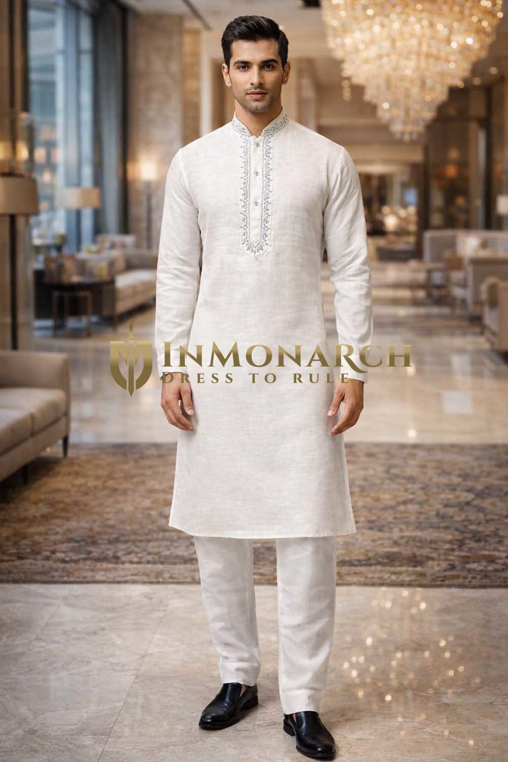 Mens White Linen Kurta Pajama 2pc Mandarin Collar Embroidered Set