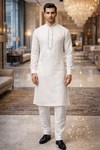 Mens White Linen Kurta Pajama 2pc Mandarin Collar Embroidered Set