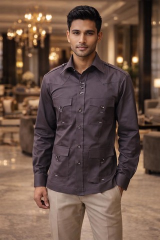Mens Purple Gray Safari Shirt Relaxed Fit Utility Casual Travel Top Wear