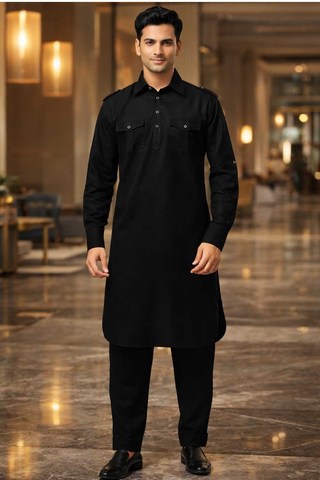 Kurta safari noire poches poitrine épaulettes
