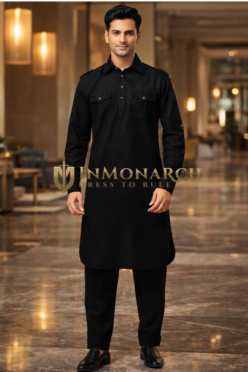 Kurta safari noire poches poitrine épaulettes