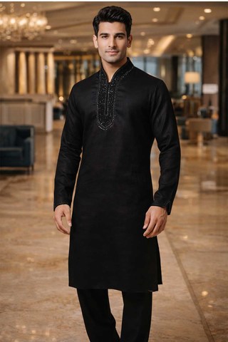 Mens Black Linen Embroidered Kurta Pajama Set with Neck and Cuff Detail