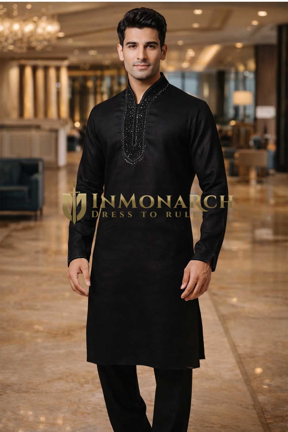 Mens Black Linen Embroidered Kurta Pajama Set with Neck and Cuff Detail