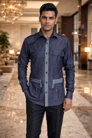 Mens Denim Blue Safari Shirt Relaxed Fit Utility Casual Cotton Top Wear