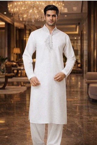 Mens White Linen Embroidered Kurta Pajama Set with Chest Neck Detail