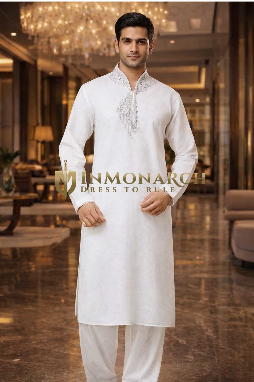 Mens White Linen Embroidered Kurta Pajama Set with Chest Neck Detail