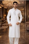 Mens White Linen Embroidered Kurta Pajama Set with Chest Neck Detail