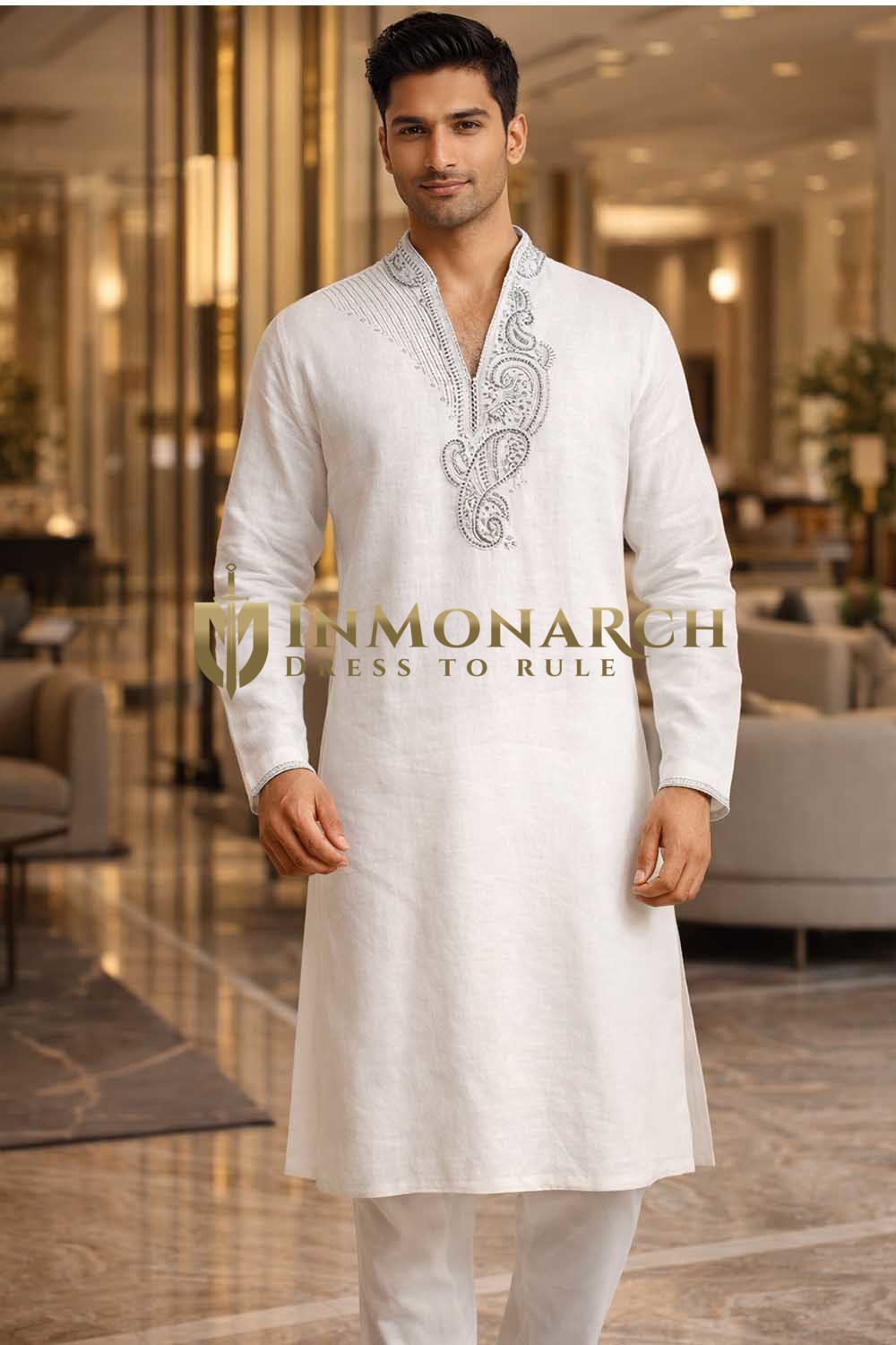 Mens White Linen Paisley Embroidered Kurta Pajama Set V Neck Design
