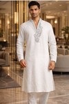 Mens White Linen Paisley Embroidered Kurta Pajama Set V Neck Design