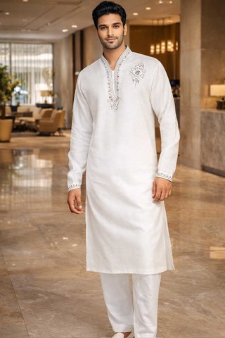 Mens White Linen Silver Embroidered Kurta Pajama Set Chest Detail
