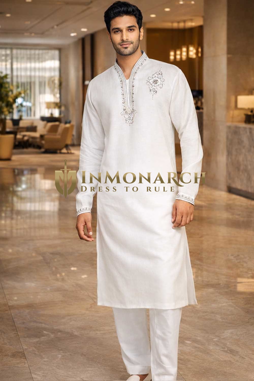 Mens White Linen Silver Embroidered Kurta Pajama Set Chest Detail