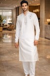 Mens White Linen Silver Embroidered Kurta Pajama Set Chest Detail