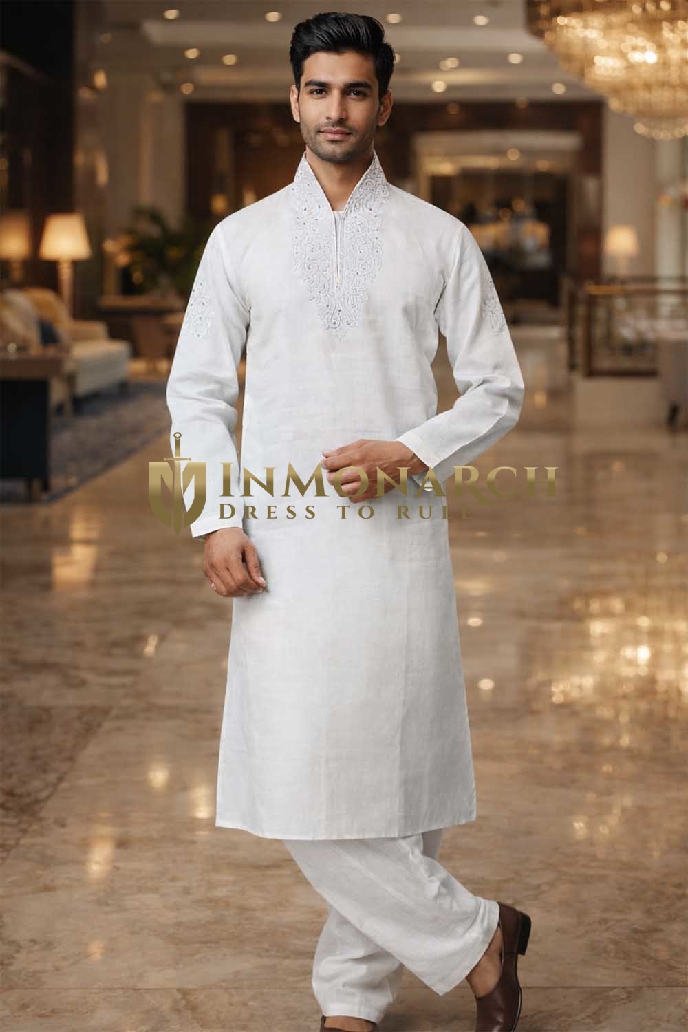 Mens White Linen Kurta Pajama Embroidered Wedding Ethnic Outfit for Groom