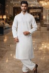 Mens White Linen Kurta Pajama Embroidered Wedding Ethnic Outfit for Groom