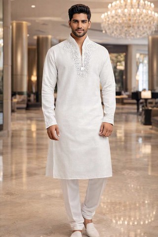 Mens White Linen Kurta Pajama Silver Embroidered Wedding Ethnic Wear