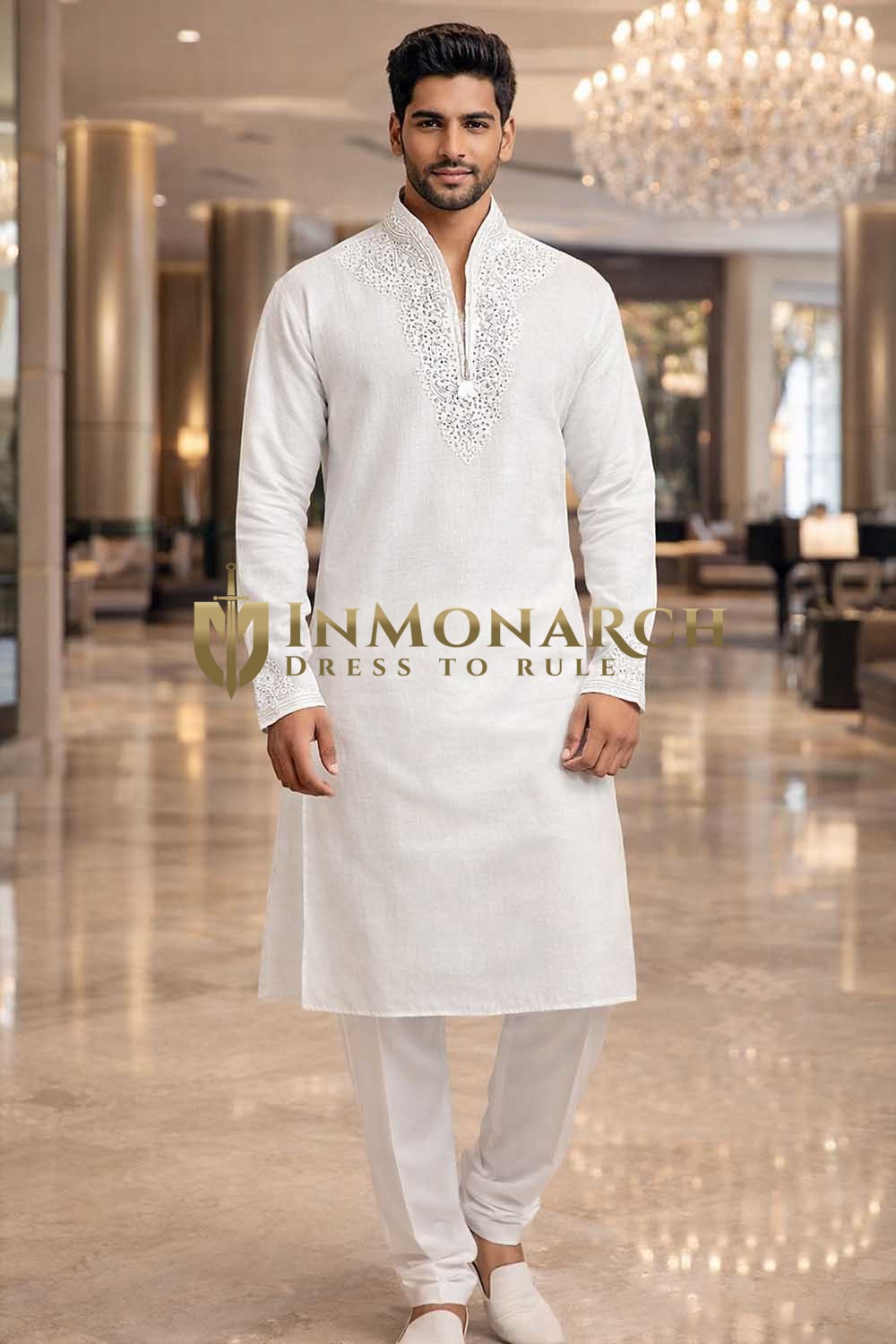 Mens White Linen Kurta Pajama Silver Embroidered Wedding Ethnic Wear