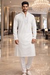 Mens White Linen Kurta Pajama Silver Embroidered Wedding Ethnic Wear