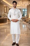 Mens White Linen Kurta Pajama High Neck Embroidered Wedding Ethnic Wear