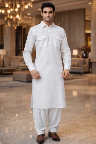Mens White Linen Kurta Pajama Two Pocket Casual Ethnic Outfit for Men