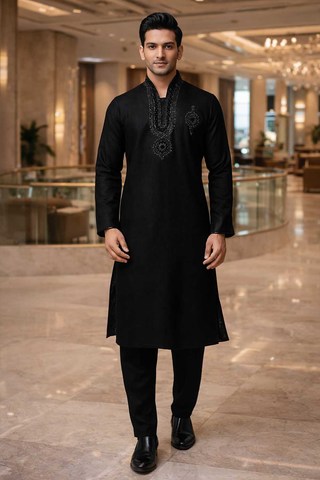 Mens Black Linen Kurta Pajama Silver Embroidered Wedding Ethnic Outfit