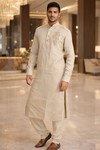 Mens Beige Linen Pathani Kurta Pajama Embroidered Wedding Ethnic Outfit