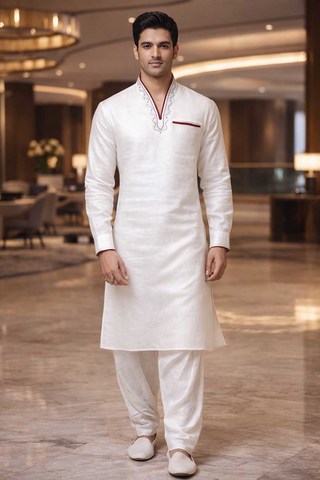 Mens White Linen Kurta Pajama Maroon Piping Embroidered Wedding Outfit