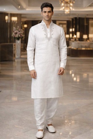 Mens White Linen Kurta Pajama High Neck Silver Embroidery Wedding Wear