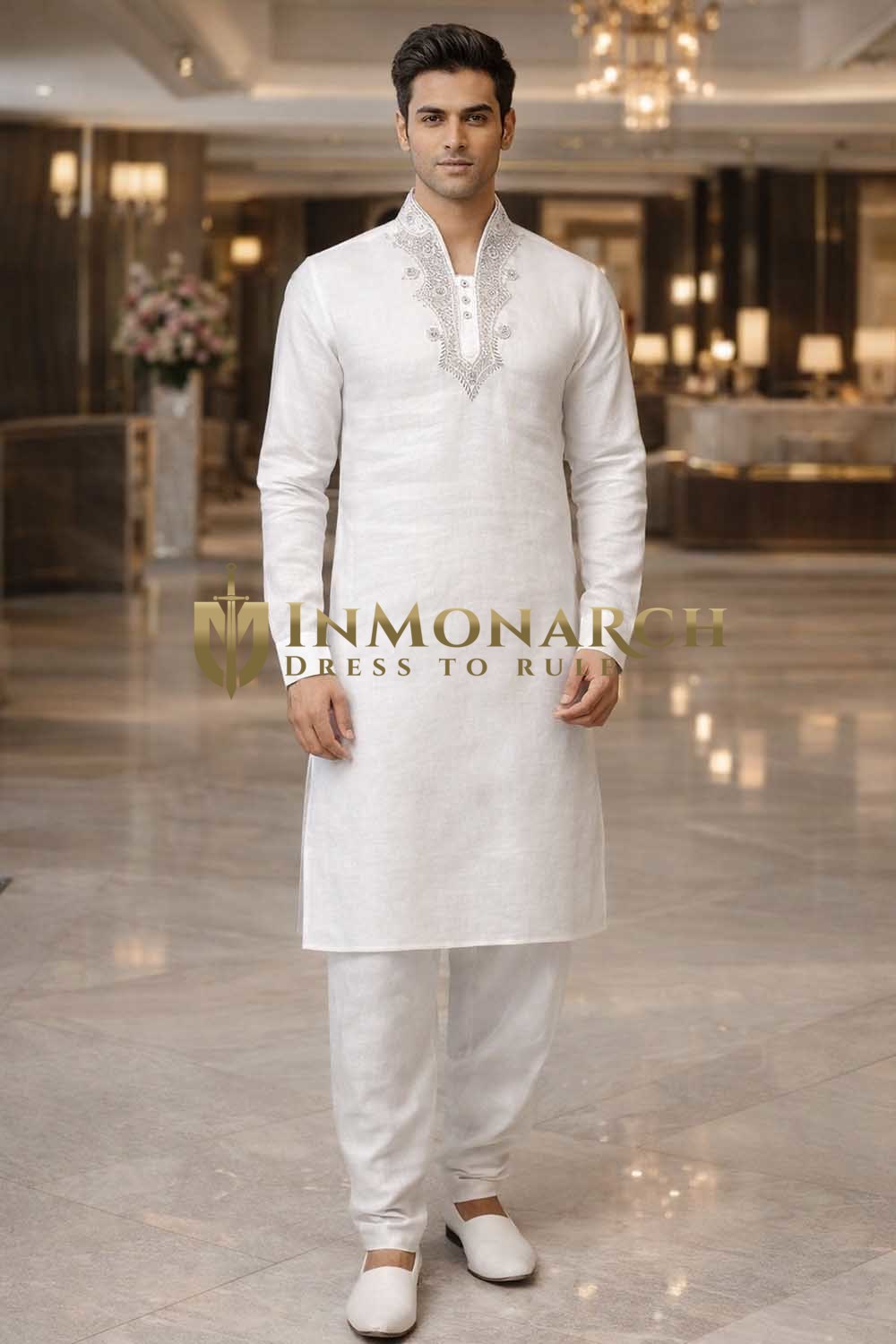 Mens White Linen Kurta Pajama High Neck Silver Embroidery Wedding Wear