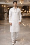 Mens White Linen Kurta Pajama High Neck Silver Embroidery Wedding Wear